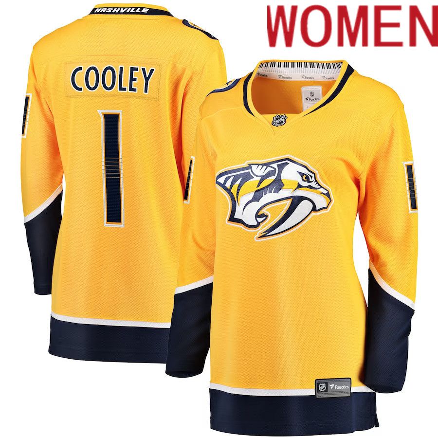 Women Nashville Predators 1 Devin Cooley Fanatics Branded Gold Home Breakaway Player NHL Jersey